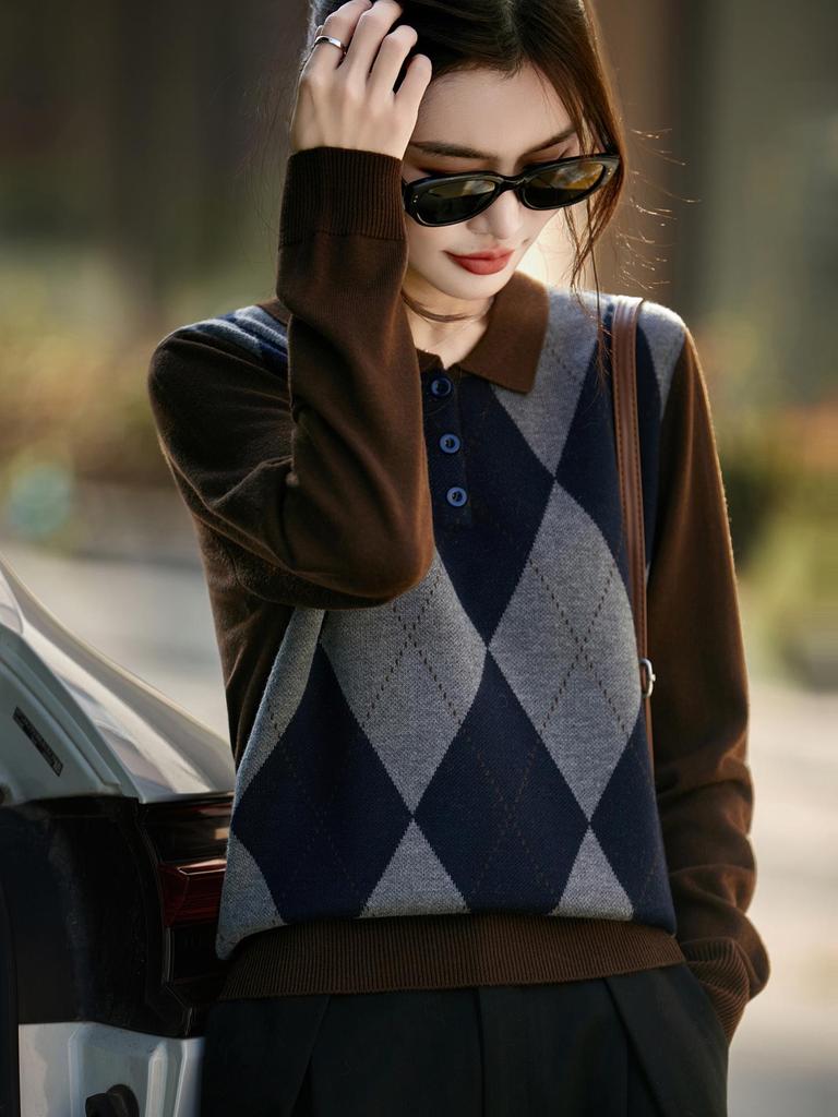Women's 2025 Autumn/Winter Retro Argyle Patchwork Polo Collar Knitted Sweater - Loose Casual Fit