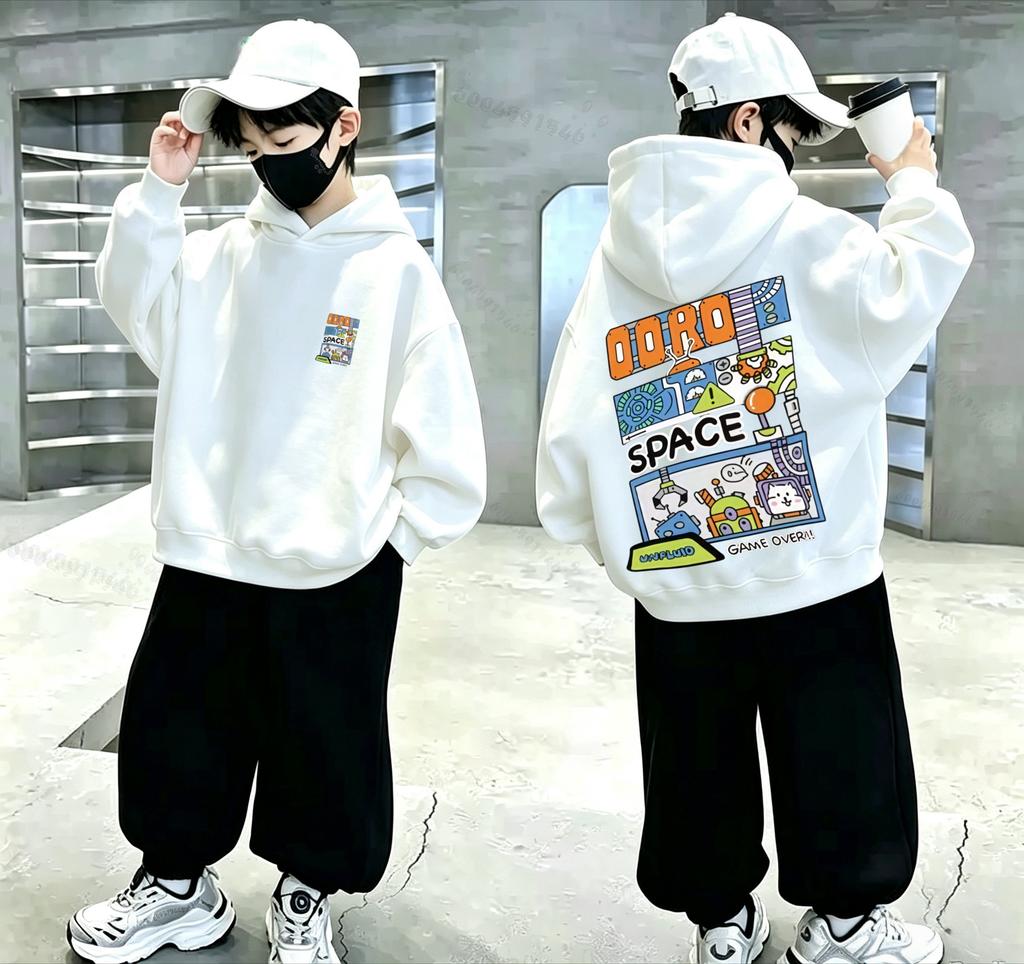 Children's Fun Space Game Printed Hooded Sweatshirt - Boys' and Girls' Cool Casual Loose-Fitting Hooded T-shirt