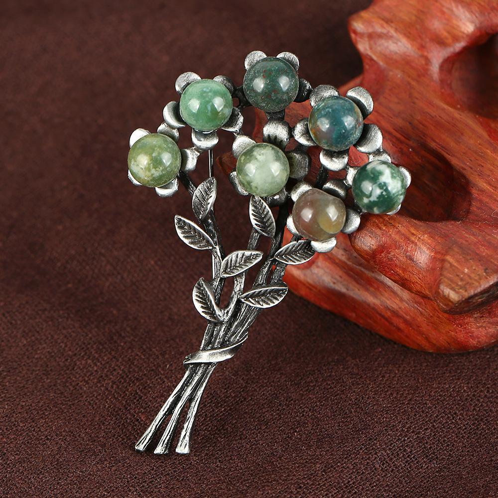 Retro Natural Agate Brooch High-end Classical Temperament Literary and Versatile Plant Pin Coat Cardigan Corsage Accessories