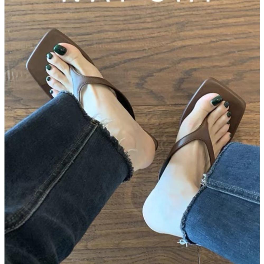 Fashion Summer New Soft Leather Square Toe Cat with Flip-flops Women Fashion Thin Belt Thin Heel Soft Sole Flip-flops