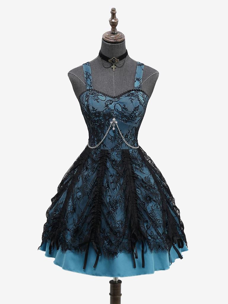 Rosegal Gothic Floral Lace Overlay Cross Chain Ruffles Layered A Line Tank Dress