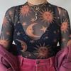 Sun Moon Printed Transparent Mesh Sexy T-Shirt Women O-Neck Long Sleeve Slim Basic Casual Female Tops 2026 Spring New