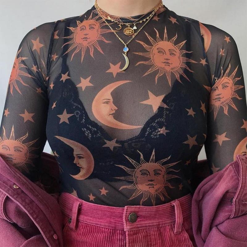 Sun Moon Printed Transparent Mesh Sexy T-Shirt Women O-Neck Long Sleeve Slim Basic Casual Female Tops 2026 Spring New