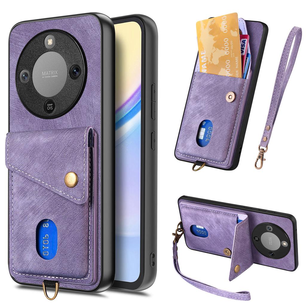 Чехол для телефона Honor Magic8 Lite 5G / X9d 5G / X70 5G с держателем для карт, подставкой, кожаной задней крышкой и ремешком на запястье