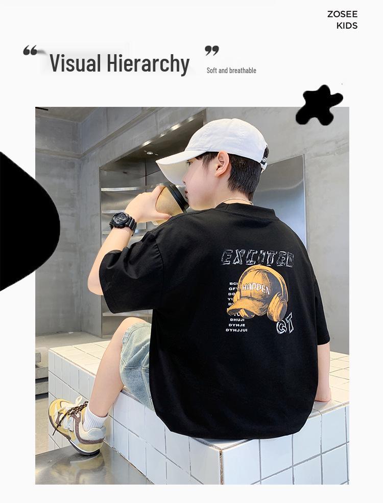 Boys' Trendy Cool Hat Print Short Sleeve Loose Top for Summer 2026 - Medium & Large Sizes