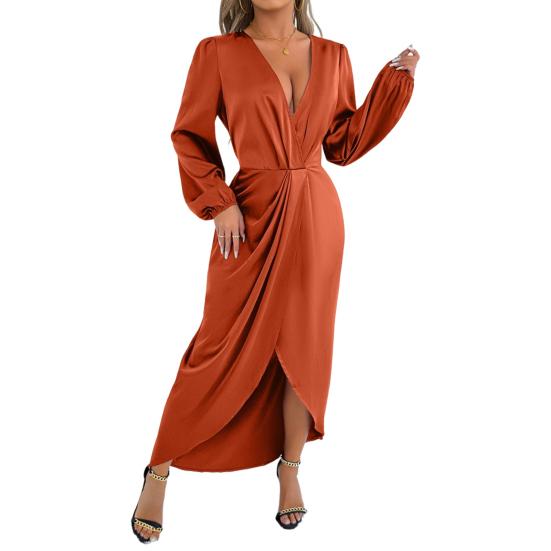 Женское атласное платье-запа́х длинное с V-образным вырезом, длинным рукавом, макси, с высоким разрезом, вечернее платье для вечеринки, коктейльное платье