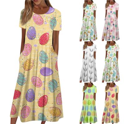 Женское летнее повседневное модное пасхальное платье с коротким рукавом и карманом с круглым вырезом