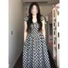 Retro Contrasting Color Plaid Short-sleeved Dress Women's Clothing Summer Casual Quality Waist and Thin Long Skirt