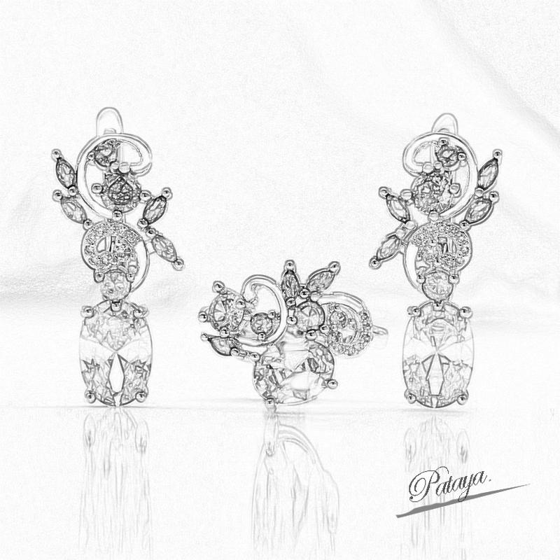 PATAYA Комплект серег и колец, инкрустированных разноцветным искусственным цирконом