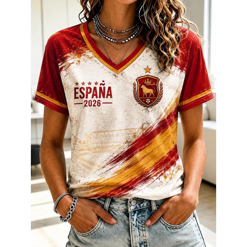 2026 Women’s 3D Print V Neck Tee, Patriotic Short Sleeve Shirt for Spain Football Supporters, Casual Summer Soccer Fan T-Shirt