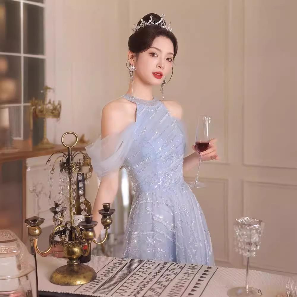 Blue evening dress women's high-end sense of light luxury niche high-end bar mitzvah host graduation ceremony banquet temperament skirt