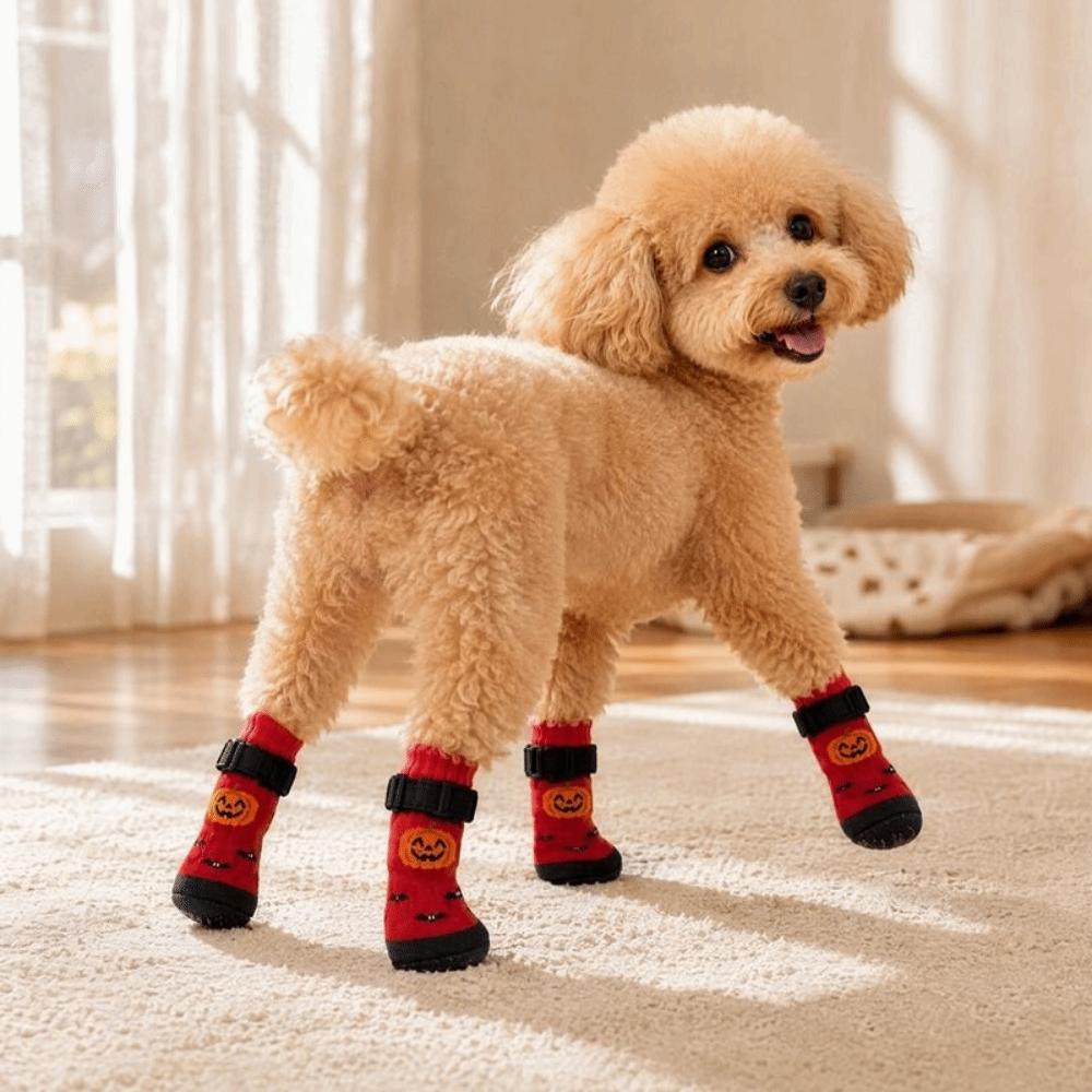 4PCS Soft Warm Ghost Pumpkin Pet Floor Socks Elastic Anti-Slip Dog Socks Dog Boots Halloween