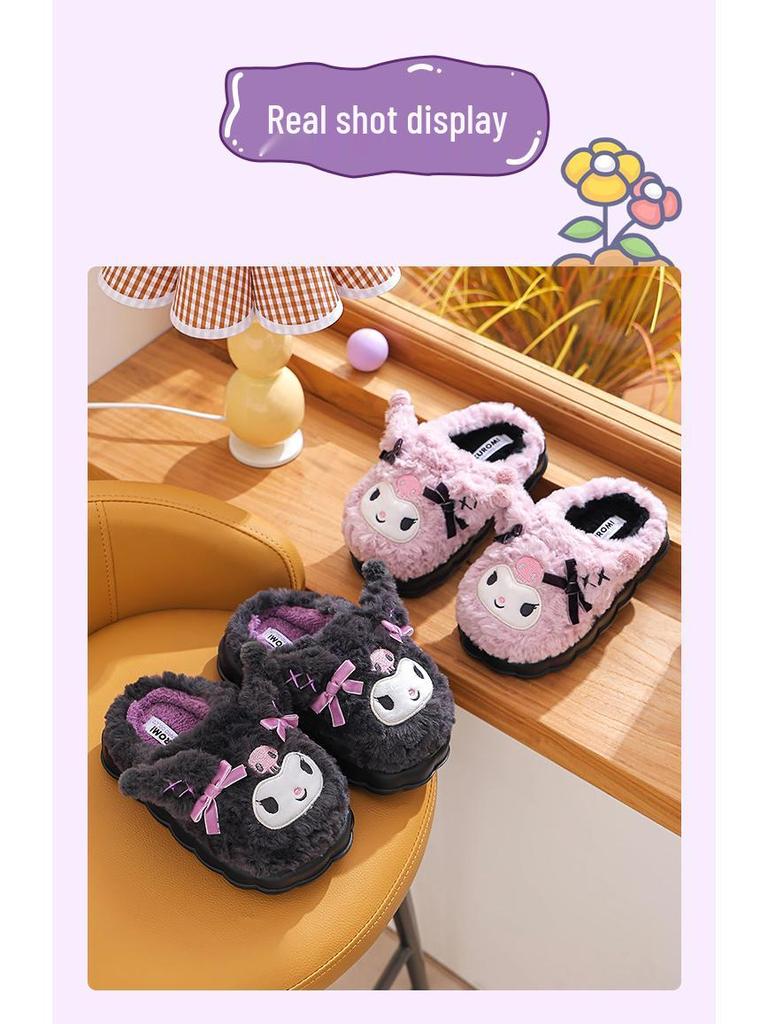 Плюшевые тапочки Sanrio Kuromi для девочек: Милый, Уютный Хлопок для Осени/Зимы, Домашняя Парная Одежда для Родителей и Детей
