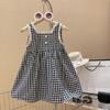 Girls' Sundress Black and White Plaid Dress Summer Square Neck Sleeveless Kids Sweet Princess Dress