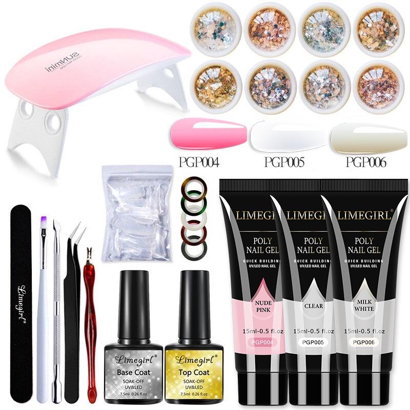 Limegirl Acrylic Kit with Lamp Nail Extension Gel Kit 8 Colors Glitters Nail Art Manicure Kit