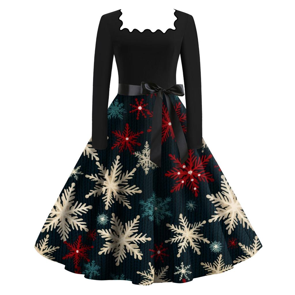 Женские повседневные модные платья с длинными рукавами и рождественским принтом с квадратным вырезом в винтажном стиле