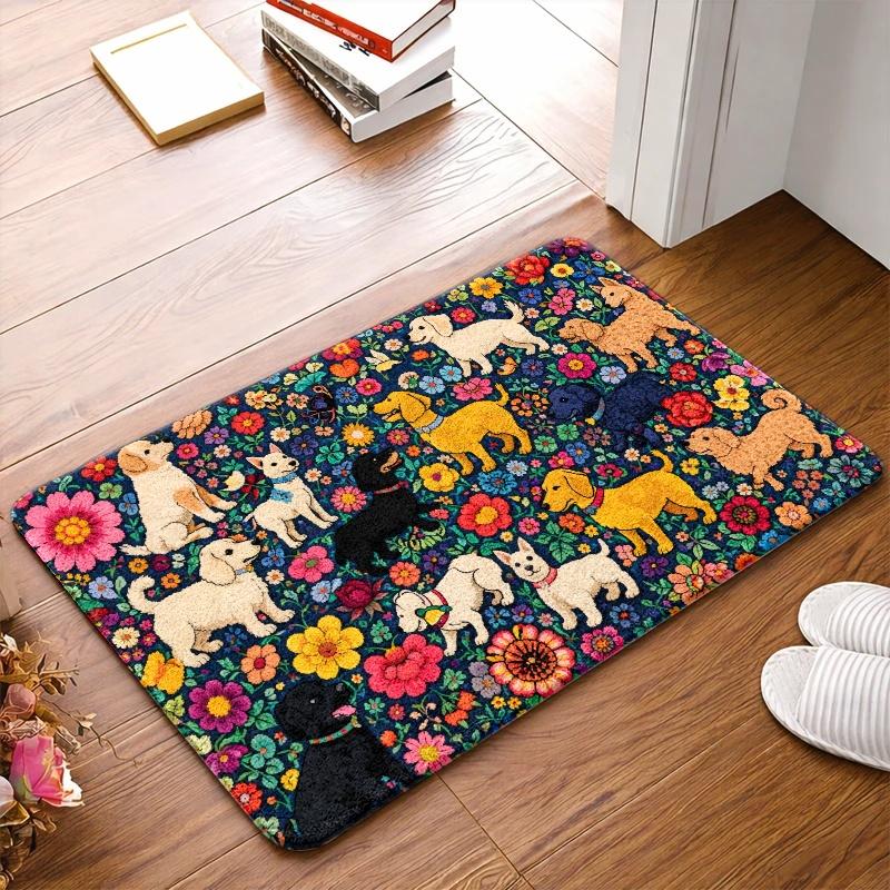 1pc, 2pcs, 3pcs Dog Floral Pattern Non - Slip Doormat, Flannel Durable Stain - Resistant Washable Mat, Universal Indoor Outdoor Entry Rug, Kitchen Bed
