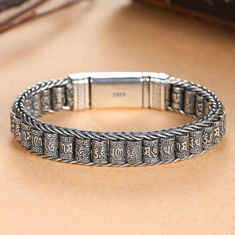 Men 'S Bracelet Simple And Generous Silver Bracelet Hand -Woven Six -Character Mantra Roller Silver Rotatable Silver Chain