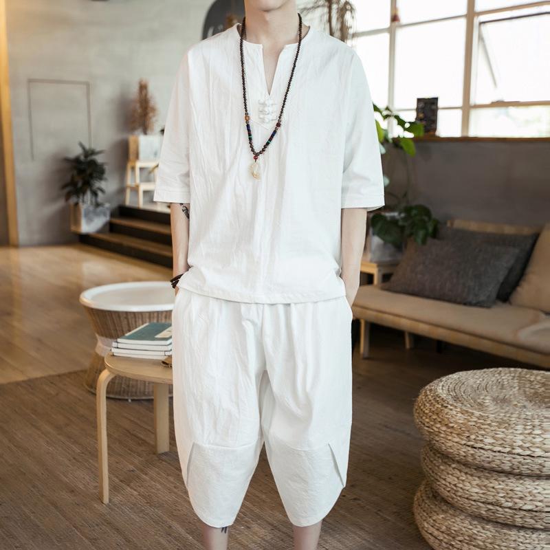 Men's Linen Cotton T-Shirt and Shorts Set - Large, Loose Fit, Short-Sleeved, Casual Summer Wear