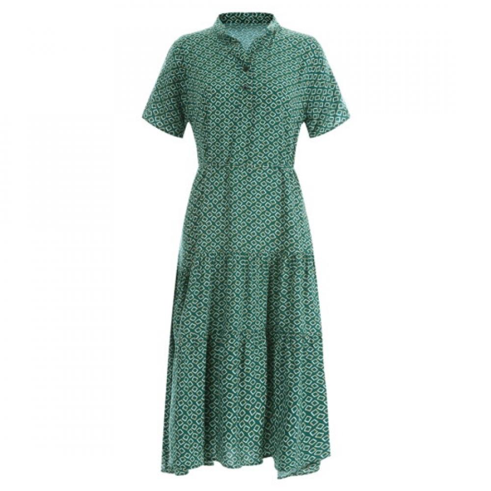 Shop Women Square China Collar Half Open Short Sleeve Long Dress Green Cp Wdr