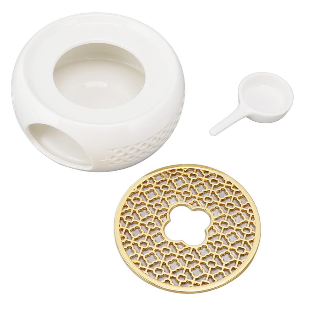 Porcelain Teapot Heater Hollow Frame Round Teapot Warmer Base with Alloy Cushion and Candle Holder