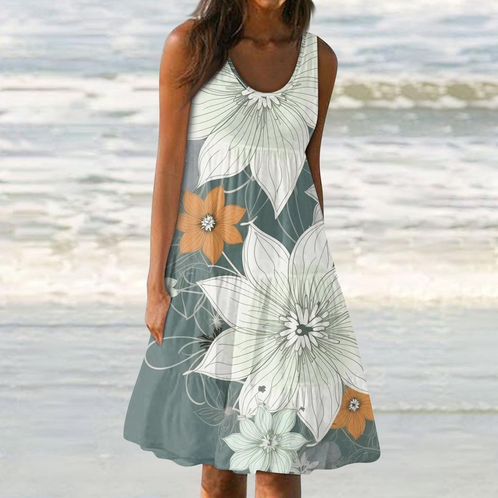 Женские платья-жилеты Лето-весна Плиссированные богемные платья Симпатичные струящиеся пляжные платья без рукавов Прямая футболка Платья-майки Платья с круглым вырезом