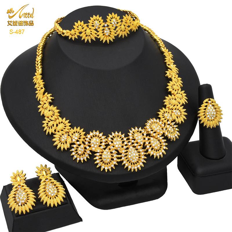 24K Gold Dubai Bridal Necklace Earrings Bracelet Ring India Nigeria Middle East Necklace Set