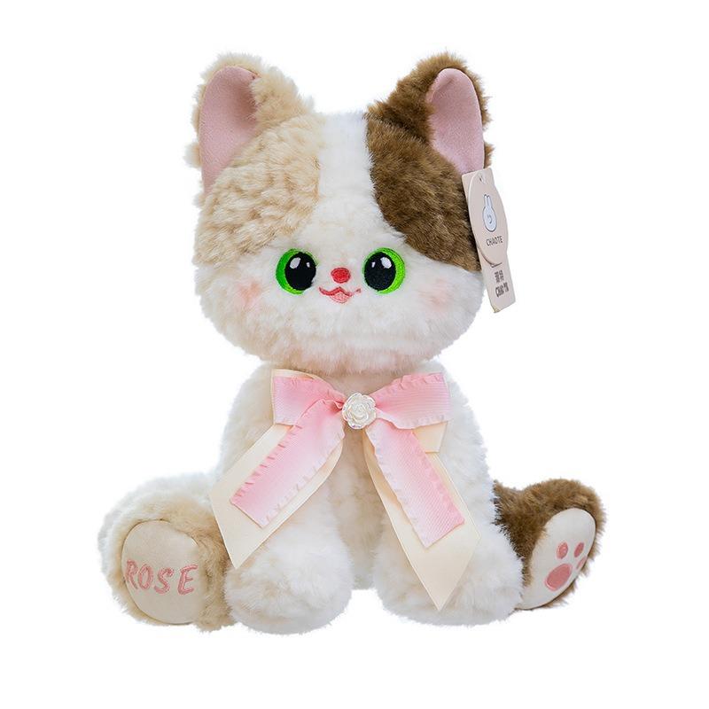 Kawaii Two Different Eyes Cat Plush Toy Blue Bow Kitten Stuffed Animal Soft Fluffy Doll Girls Gift Home Decor