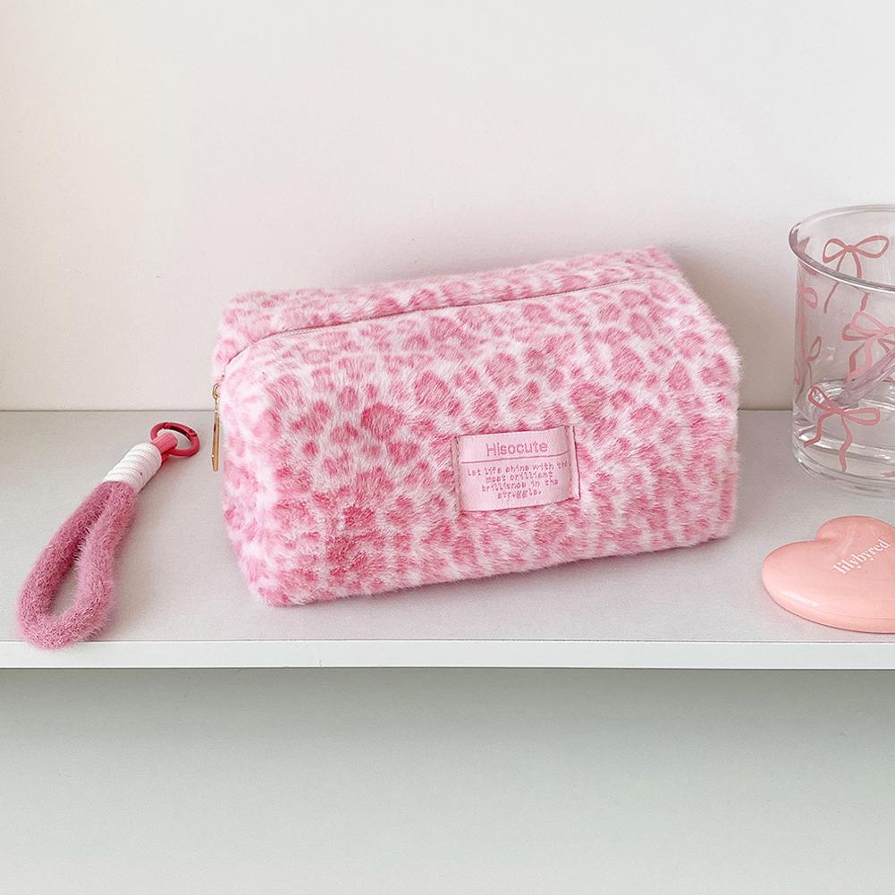 Плюшевые косметички с леопардовым принтом и ручкой, портативные дорожные сумки для хранения косметики, туалетные сумки, милые пеналы, модные сумочки