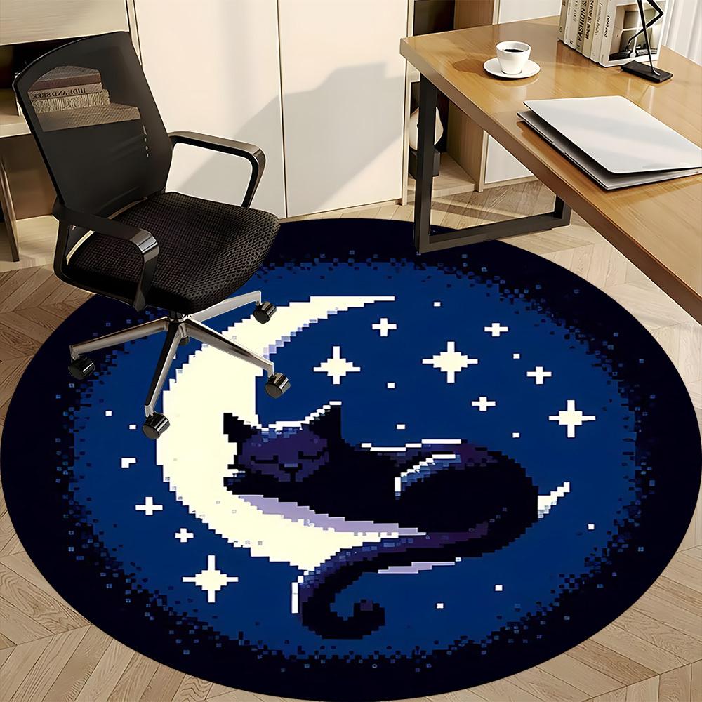1PC Moon Cat Office Round Area Rug, Indoor Mat Suitable For Office, Under Office Chairs Bedroom Living Room Home Decor, Room Deco 206