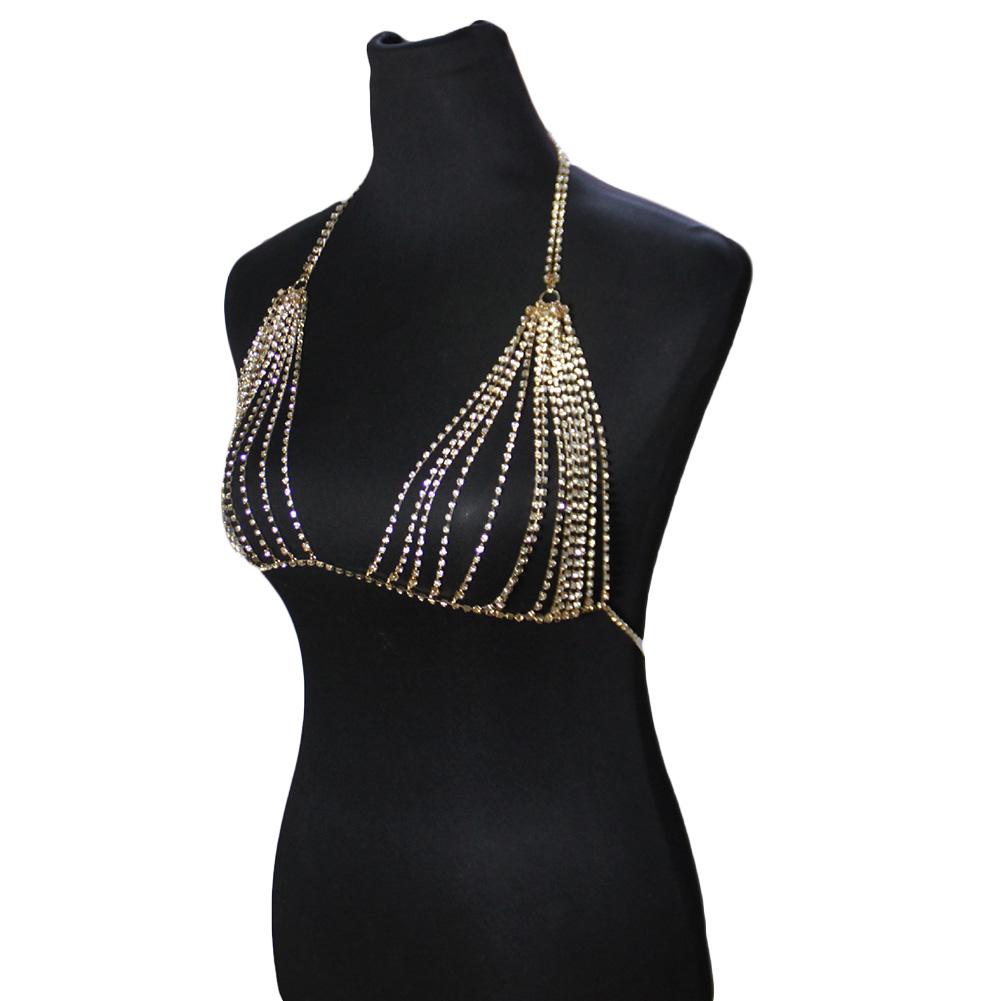 Женская мода Ретро Сексуальные Золотой Хрусталь Сплав Бикини Бюстгальтер Цепочки Украшения Цепь на Тело