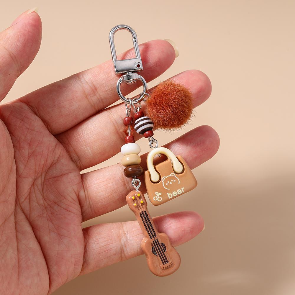 New Resin Simulation Guitar Keychain Fluffy Ball Key Ring Pendant for Women Girls Handbag Decor DIY Key Chain Jewelry Gift