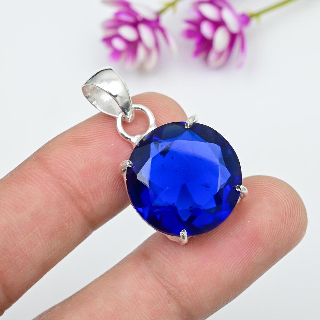 Blue Sapphire Pendant, Handmade Gemstone Pendant, 925 Solid Sterling Silver Pendant Antique Jewelry, For Engagement Gift