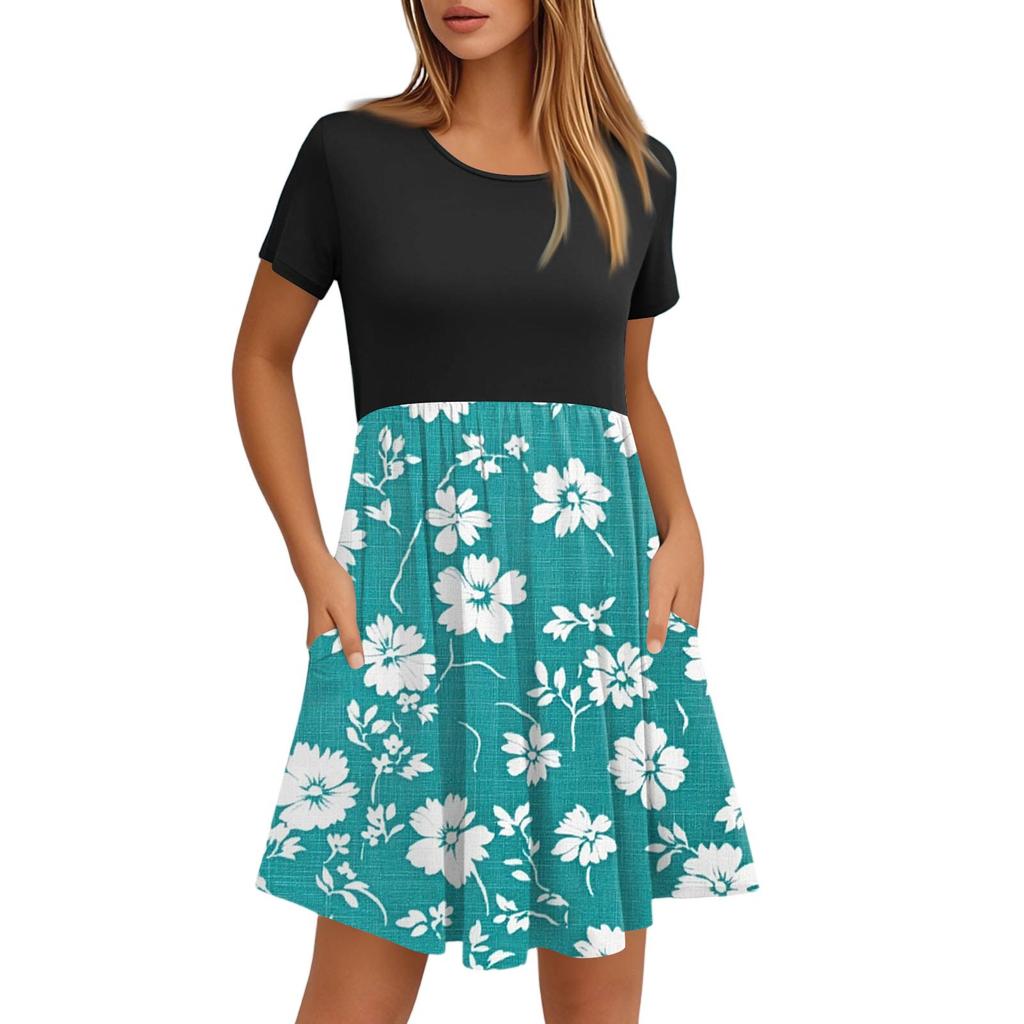 Женские модные повседневные свободные платья с круглым вырезом и коротким рукавом с принтом и карманами