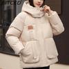 Women's Oversized Quilted Hooded Puffer Jacket British Style Fabric Patch Slimming Puffer Coat Three-Dimensional Pockets Outerwear