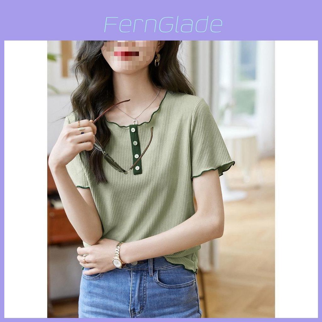 Tshirt Summer Casual Cotton Blend With Color Blocking Design Forwomen