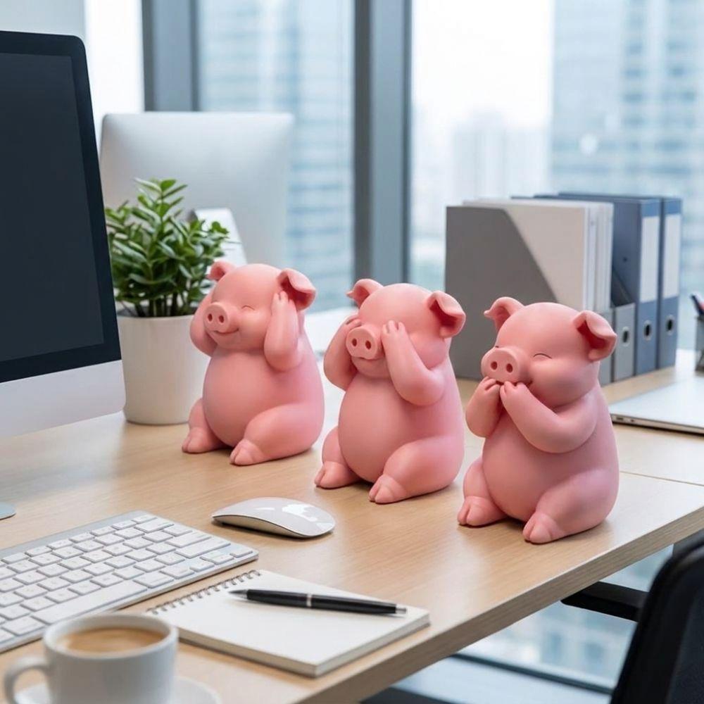 3PCS Miniature Pink Pig Figurine Cartoon Pig Ornament Piggy Statue Micro Landscape