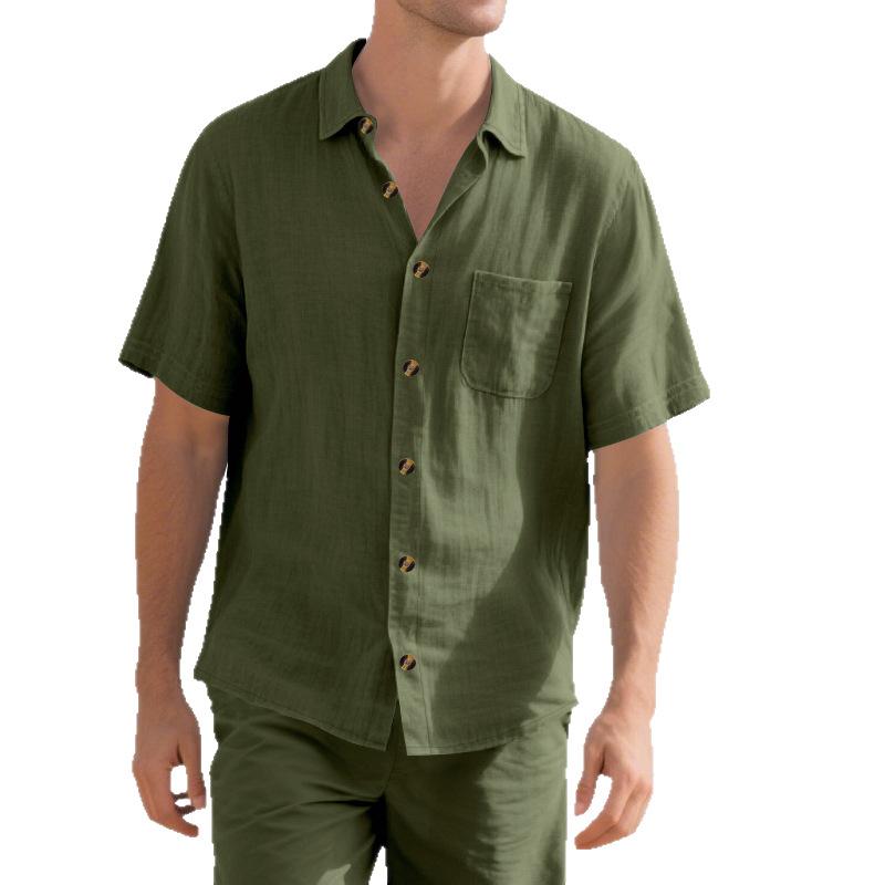 Мужская свободная повседневная однотонная льняная рубашка с коротким рукавом на пуговицах с нагрудным карманом