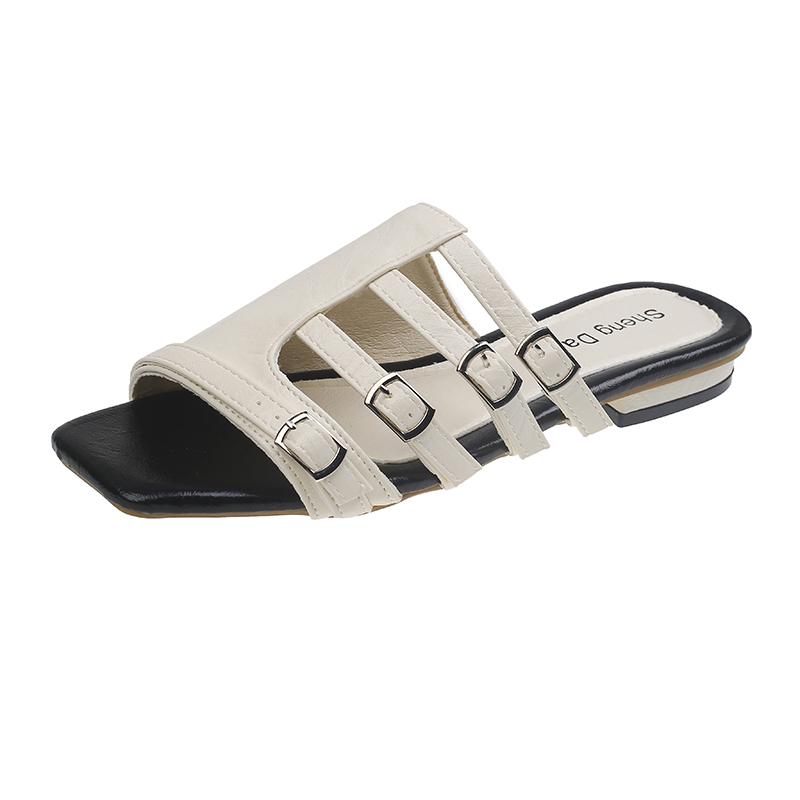Fashion New Retro Square Toe Flat Fashion Slippers Women's 2025 Summer New Fairy Style Belt Buckle One-word Belt