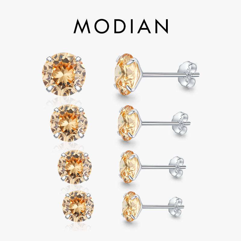 Модиан серьги-гвоздики с цирконием цвета шампанского, стерлингового серебра 925 пробы, круглые серьги с фианитом, гипоаллергенные, 4 мм, 5 мм, 6 мм, 7 мм, серьги для женщин, ювелирные изделия
