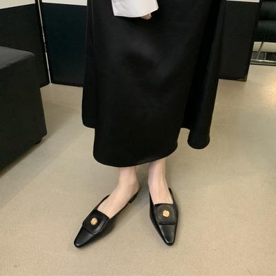 2024 весна-лето новые металлические пряжки остроносые тонкие плоские тапочки сумка-мешок полуперетягивающиеся мягкие кожаные удобные женские туфли на плоском каблуке