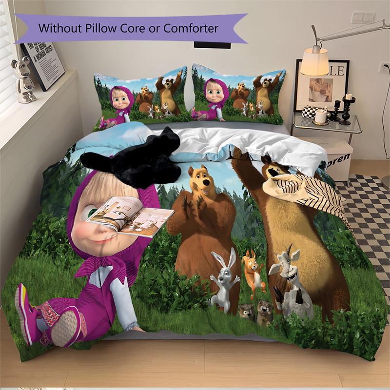 Masha Friends Forest Print 3Pcs Bedding Setduvet Cover With 2 Bedropillowcase Home Birthday Gift
