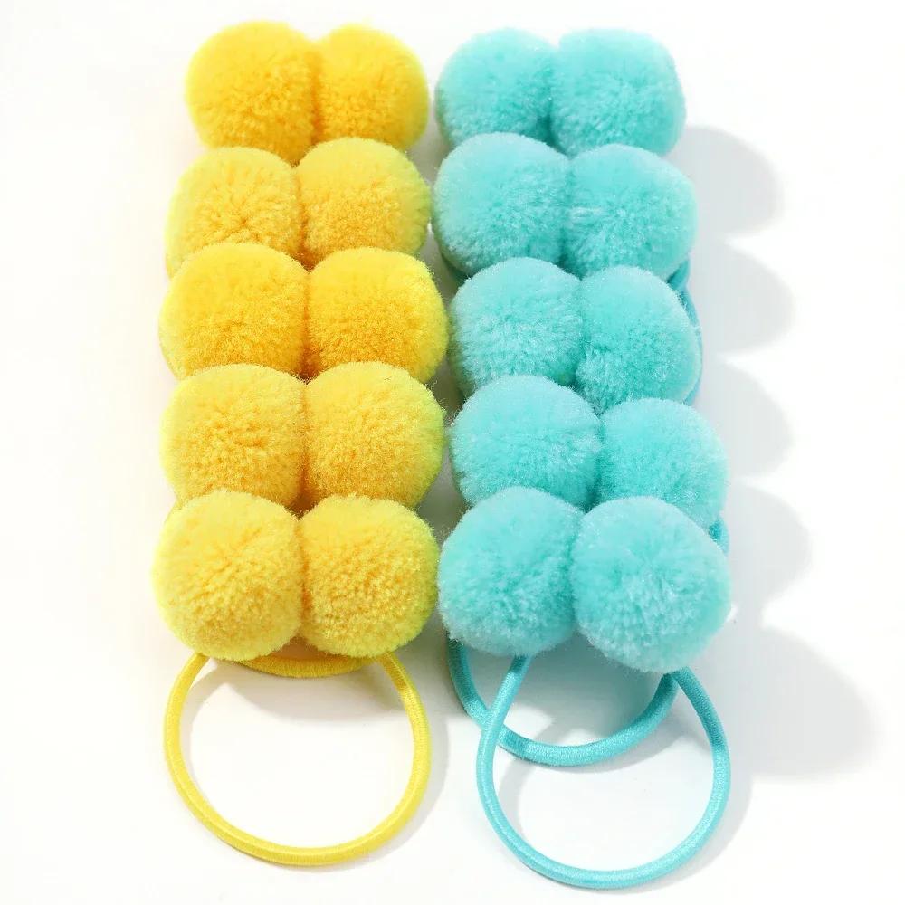 10 шт. Однотонные детские резинки для волос ручной работы для девочек зимние с меховым помпоном резинка для хвостика веревка для волос аксессуары для волос