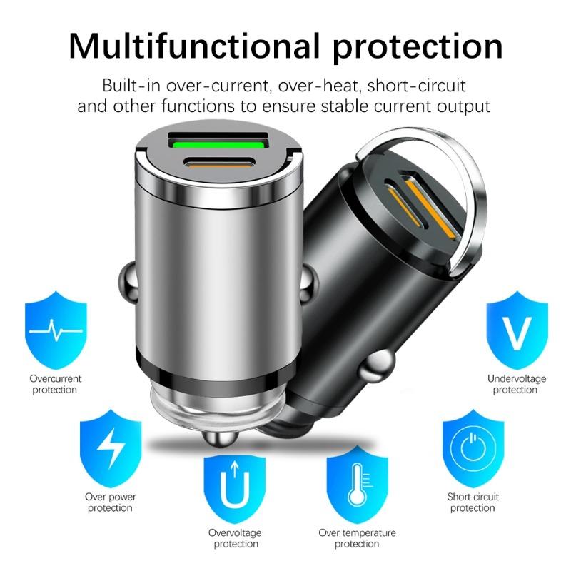 Автомобильное зарядное устройство 12-24 В с автоматическим выдвижным кольцом, два порта PD+USB, быстрая зарядка Type-C QC3.0, автомобильное зарядное устройство, адаптер для прикуривателя