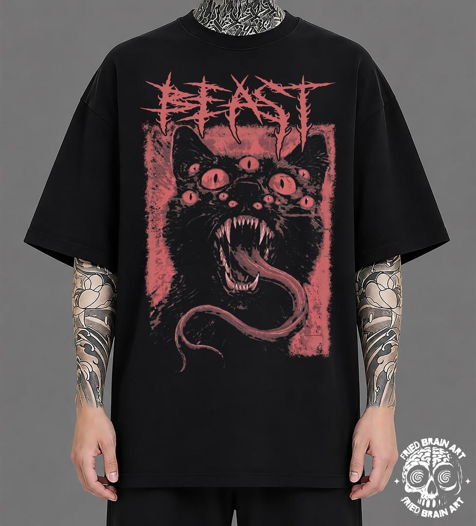 Beast Cat T-Shirt, Gothic Grunge Oversized Black Tee, Multi Eyed Kitty Graphic Shirt, Dark Fantasy Occult Apparel, Y2K Alternative Streetwea