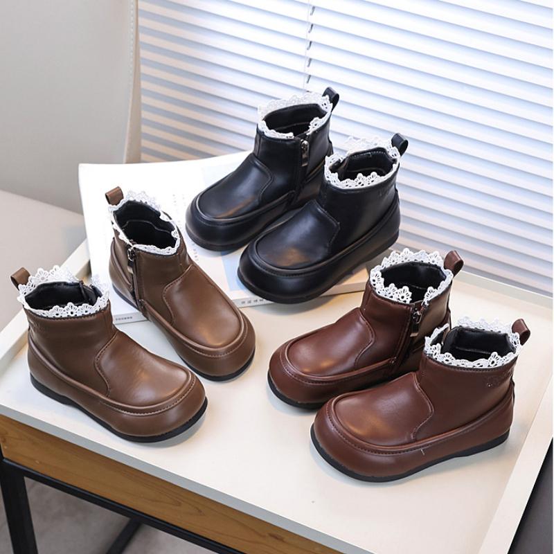 Детские ботильоны с оборками, милые, принцесса, черные, модные, универсальные, элегантные короткие кожаные ботинки, нескользящие