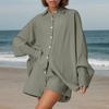 Women's Fashion Cardigan Solid Color Casual Pleated Long Sleeve Top Shorts Set