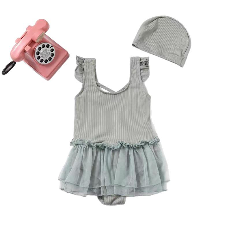 2025 Девочки Слитный Купальник с Юбочкой - Милый Принцессный Стиль, Однотонный Детский Купальник