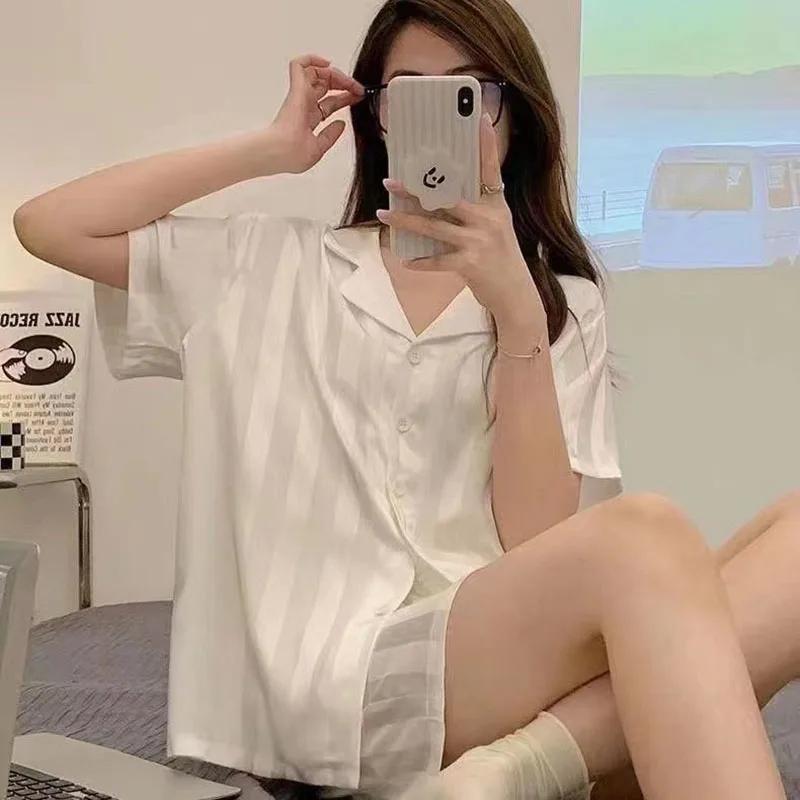 Пижама из ледяного шелка, женский комплект из кардигана с короткими рукавами и лацканами, домашняя одежда, однотонная полосатая сексуальная ночная рубашка для женщин, одежда для сна, 2 шт./комплект