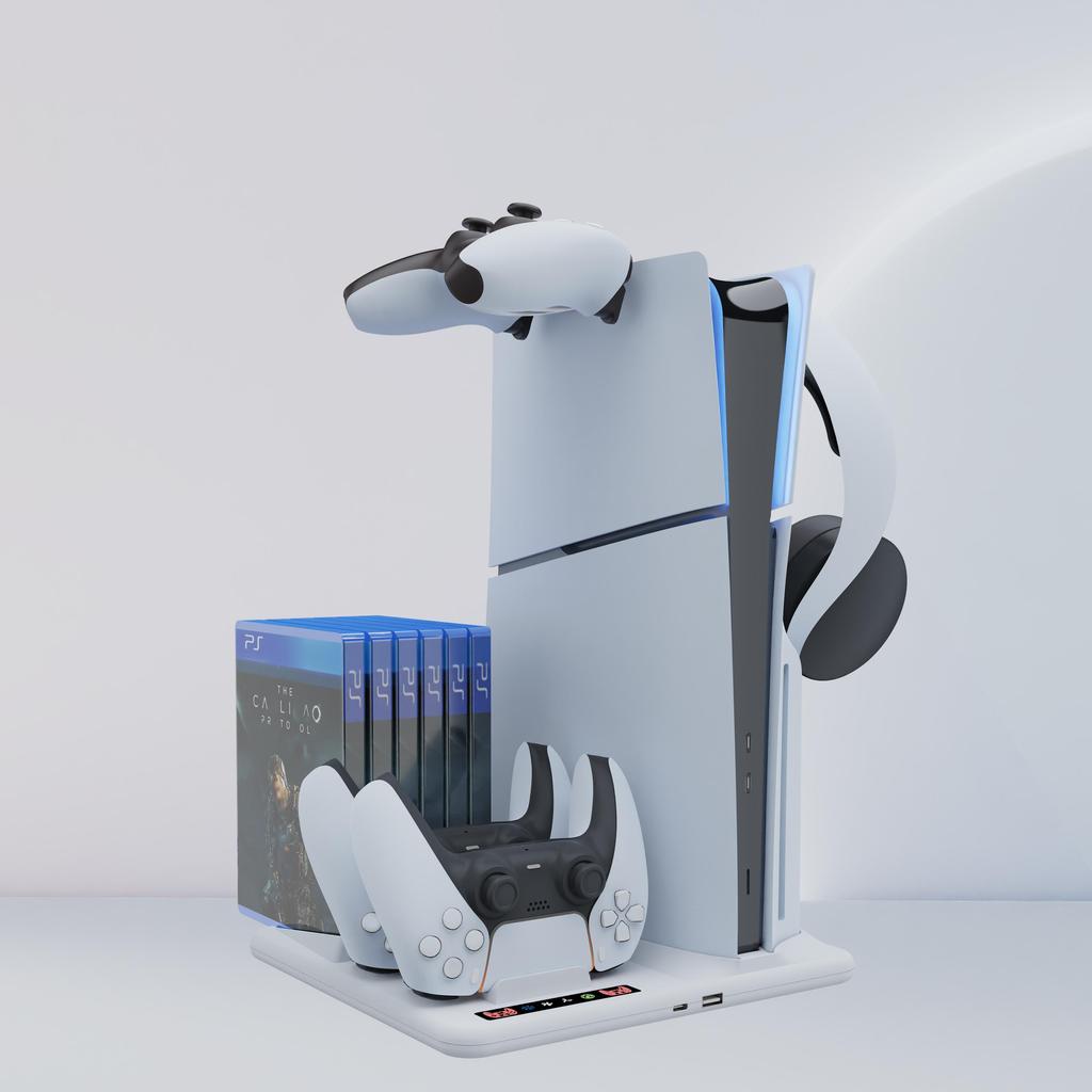 VAORLO Многофункциональная база для отвода тепла для PS5 Slim с двойной зарядкой контроллеров, хранилищем для дисков и подставкой для наушников